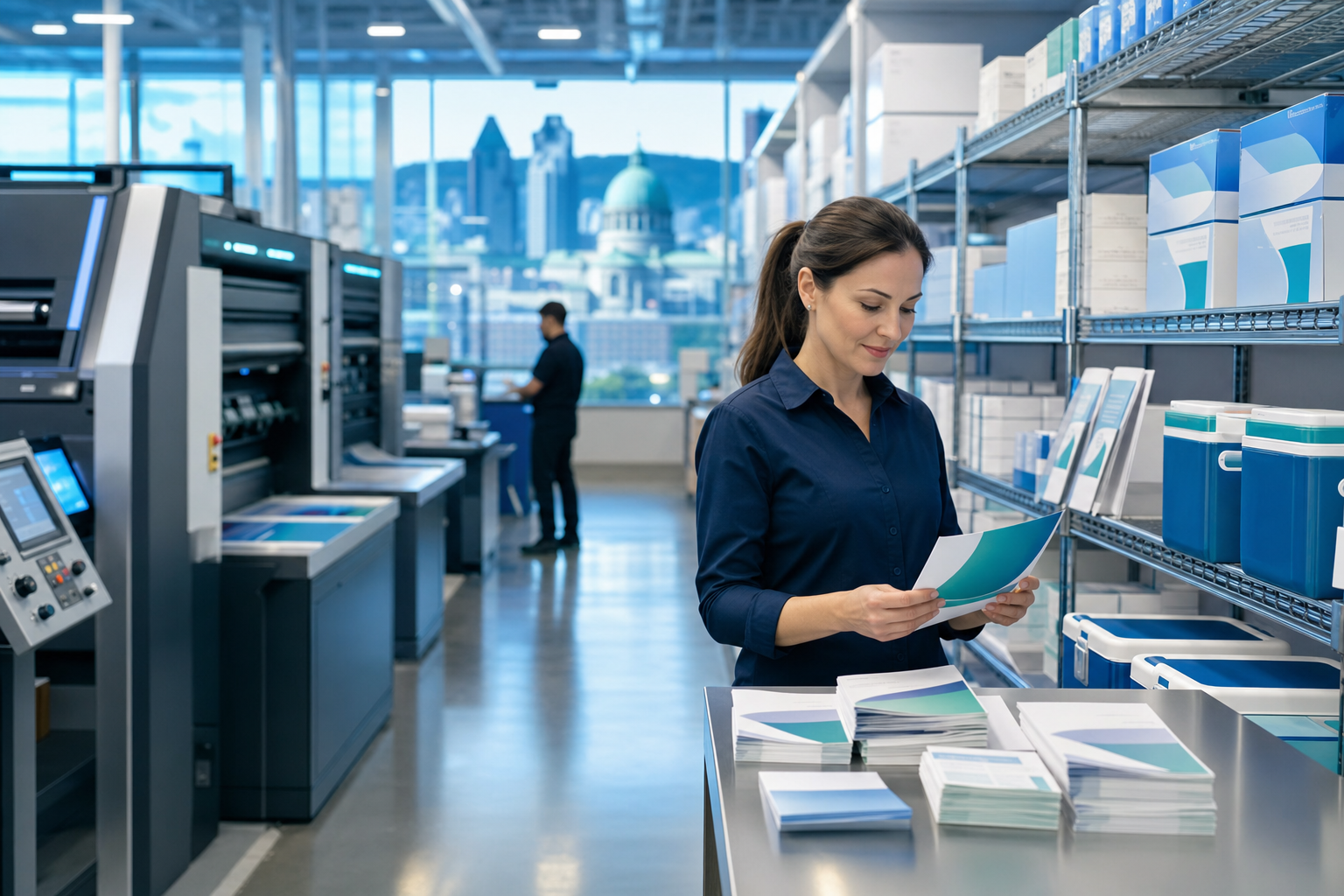 Organized bilingual pharmaceutical marketing materials in a clean Montreal facility