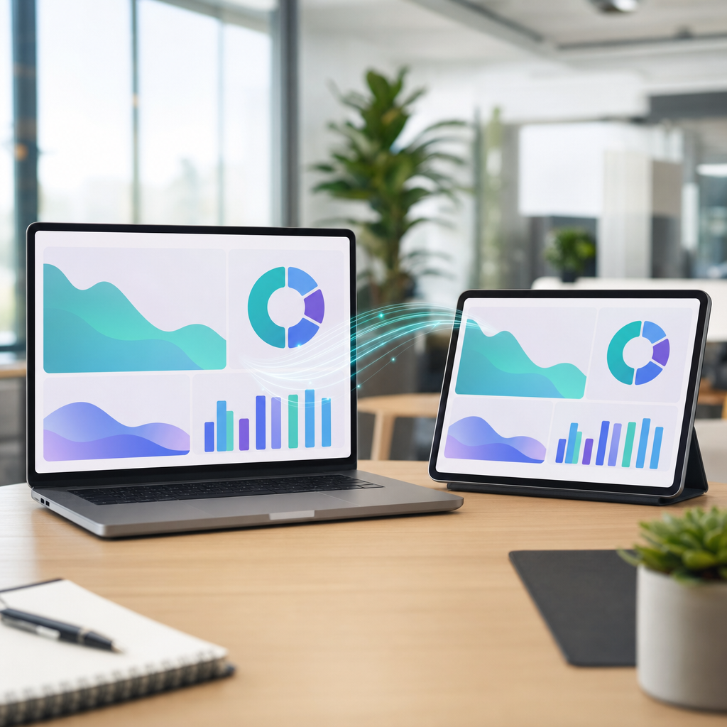 A laptop and tablet showing an ordering dashboard syncing data on an office desk
